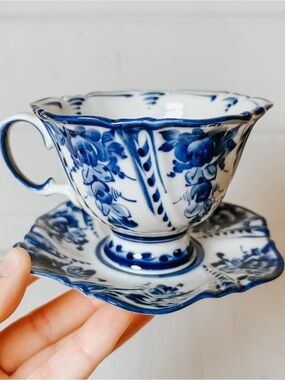 Vintage Russian Gzhel Porcelain Teacup and Saucer | Blue +White Floral